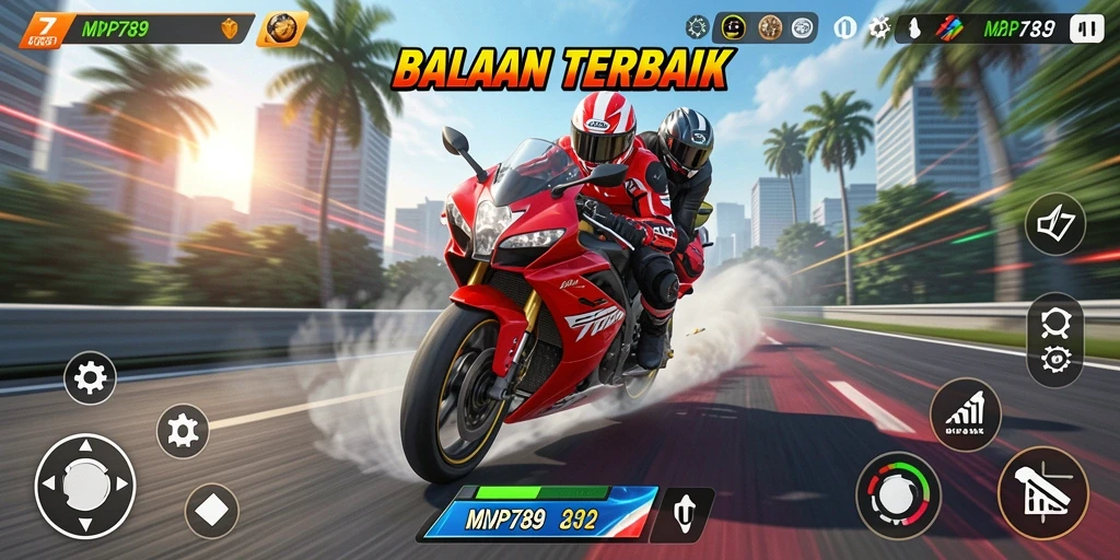 Tangkapan layar menunjukkan aksi balapan motor yang seru dan mendebarkan.