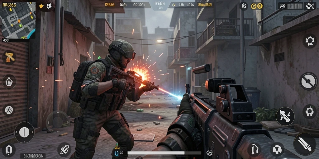 Screenshot menampilkan aksi intens dalam game FPS RR666.